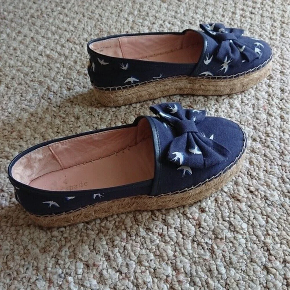 Kate Spade Navy Blue & White Bird Swallow Print Espadrilles Slip On size 6